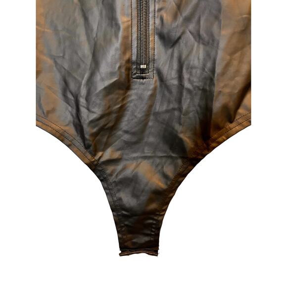 Black Faux Leather Bodysuit Chiffon Sleeve Zip Front Small - Picture 3 of 7